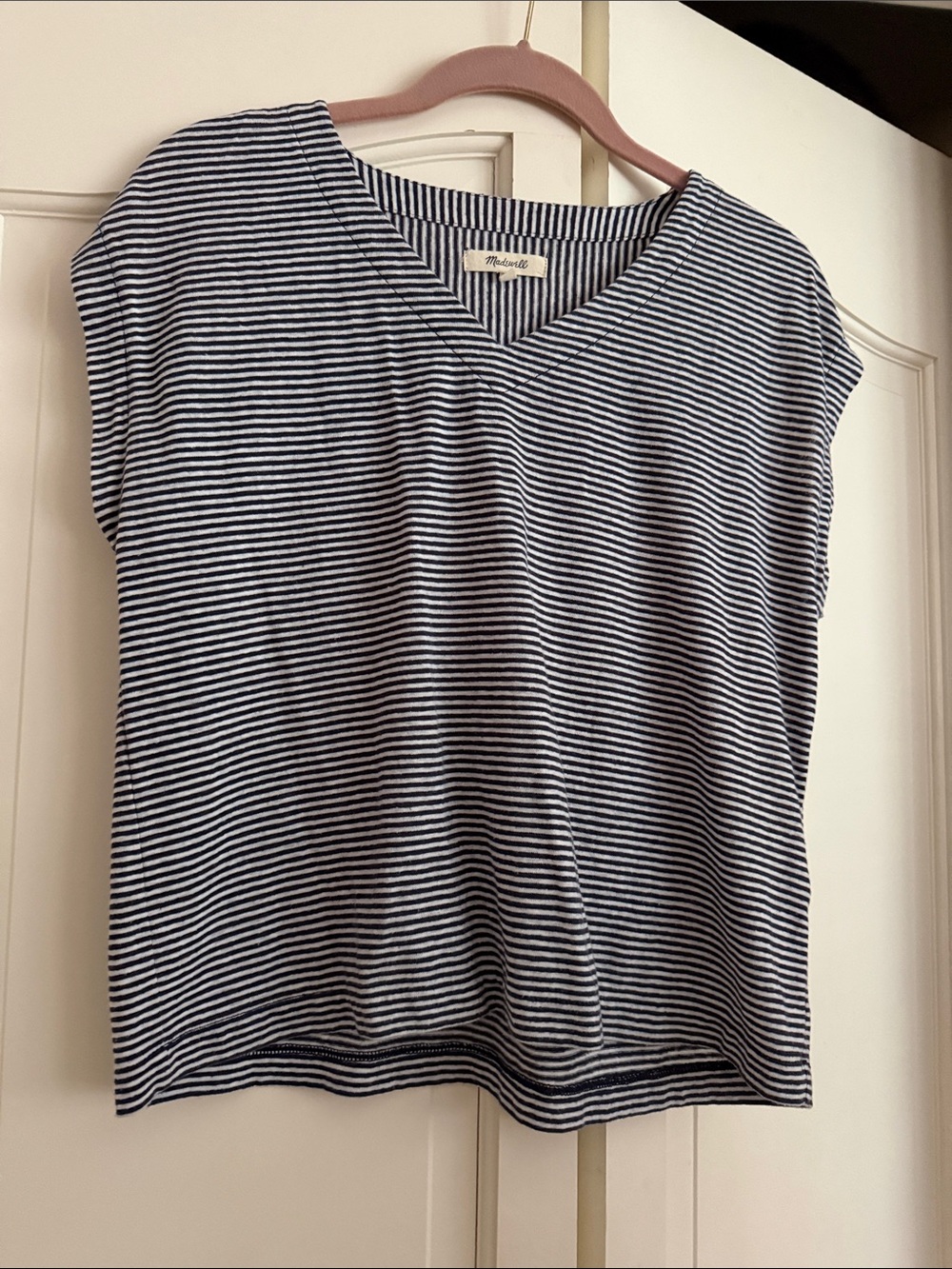 Madewell Navy and White Striped V-Neck Tee